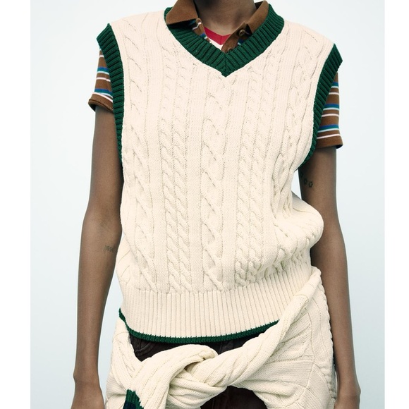 NWT Zara Cable Knit Varsity Sweater Vest in Cream/Green - Picture 3 of 8